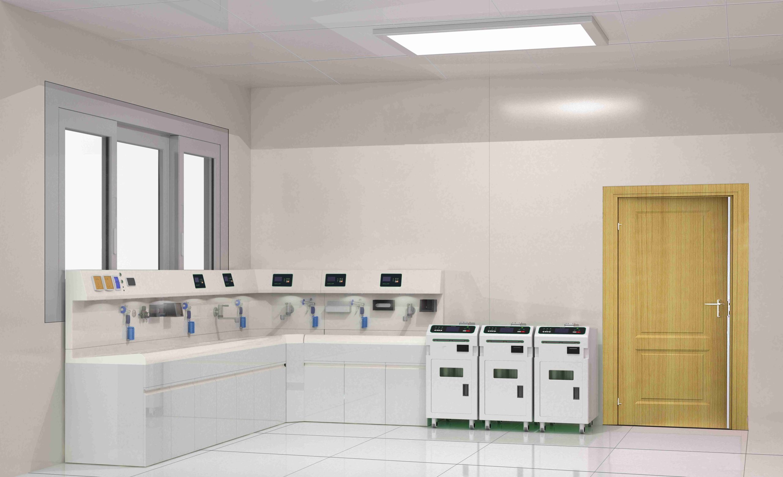 Conceptual endoscope reprocessing room with Aullap equipment